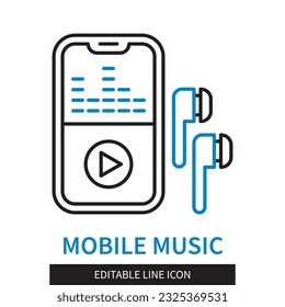 Editable line Mobile Music outline icon. Smartphone with a music program on the screen and wireless headphones. Editable stroke icon isolated on white background