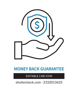 Editable line Money Back Guarantee outline icon. Hand holding a shield with a dollar sign and a return arrow. Editable stroke icon isolated on white background