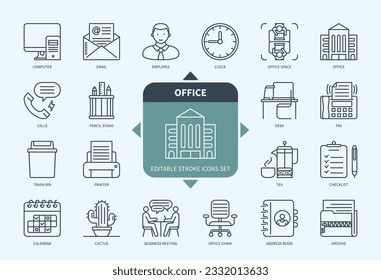 Editable line Office outline icon set. Computer, Desk, Office Space, Printer, Clock, Archive, Calls, Address Book. Editable stroke icons EPS