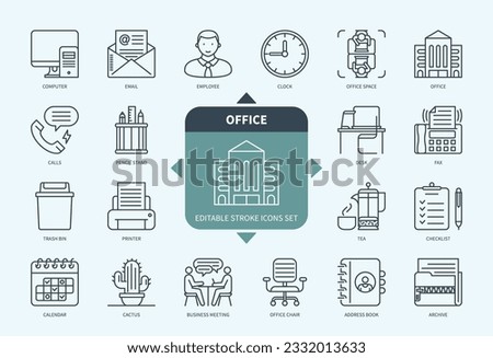 Editable line Office outline icon set. Computer, Desk, Office Space, Printer, Clock, Archive, Calls, Address Book. Editable stroke icons EPS