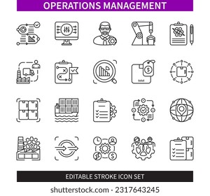 Editable line Operations Management outline icon set. Overseeing, strategy, control, process, input, output, resources, cost, management. Editable stroke icons EPS