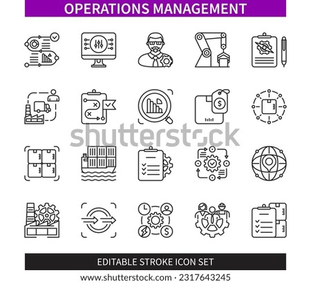 Editable line Operations Management outline icon set. Overseeing, strategy, control, process, input, output, resources, cost, management. Editable stroke icons EPS