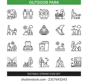 Editable line Outdoor Park outline icon set. Pond, Fountain, Dog Walking, Running, City Park, Camp, Playground, Sport Activities. Editable stroke icons EPS