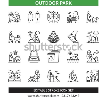 Editable line Outdoor Park outline icon set. Pond, Fountain, Dog Walking, Running, City Park, Camp, Playground, Sport Activities. Editable stroke icons EPS