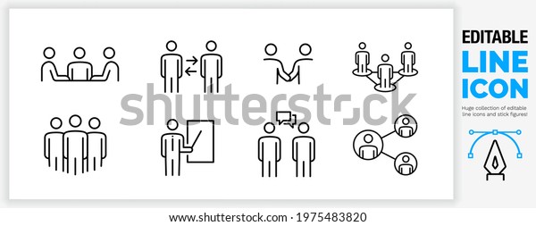Editable line outline character icon set. Team office\
working together on a project as a networking player. Professional\
corporate people talking and communicating together, black stroke\
eps vector 