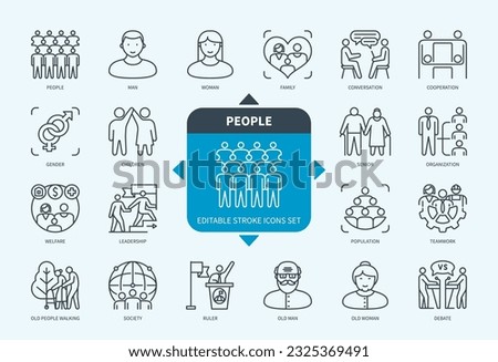 Editable line People outline icon set. Human, Man, Woman, Children, Elderly, Family, Leadership, Society, Conversation. Editable stroke icons EPS