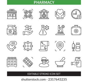 Editable line Pharmacy outline icon set. Consulting, Bandage, Prescription, Medicine, Pharmacist, Healthcare, Laboratory, Doze. Editable stroke icons EPS