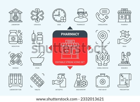 Editable line Pharmacy outline icon set. Consulting, Bandage, Prescription, Laboratory Tube, Pharmacist, Syringe, Medication, Doze. Editable stroke icons EPS