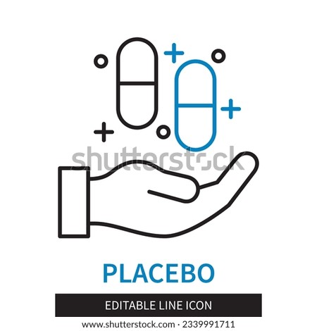 Editable line Placebo outline icon. Hand holding two pills. Editable stroke icon isolated on white background