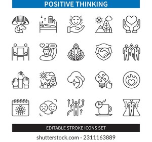 Editable line Positive thinking outline icon set. Passion, dream, psychology, imagination, good sleeping, inspiration, satisfaction. Editable stroke icons EPS