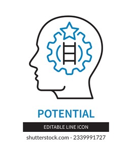Editable line Potential outline icon. Ladder, gear and star inside the human head. Editable stroke icon isolated on white background