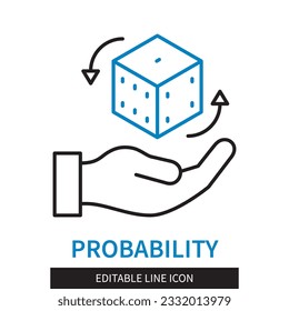 Editable line Probability outline icon. The hand rolls the dice. Editable stroke icon isolated on white background