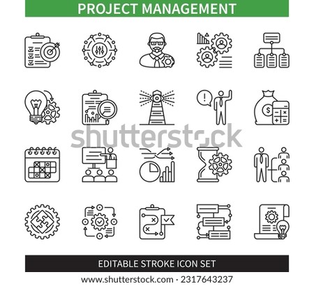 Editable line Project Management outline icon set. Goal Settings, Planning, Monitor and Control, Tasks, Budget, Strategy, Execute, Documentation. Editable stroke icons EPS