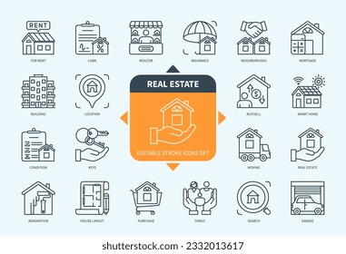 Editable line Real Estate outline icon set. Building, Garage, Rent, Moving Home, Neighborhood, Mortgage, Insurance, Renovation. Editable stroke icons EPS