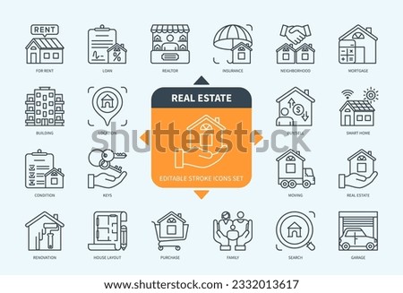 Editable line Real Estate outline icon set. Building, Garage, Rent, Moving Home, Neighborhood, Mortgage, Insurance, Renovation. Editable stroke icons EPS