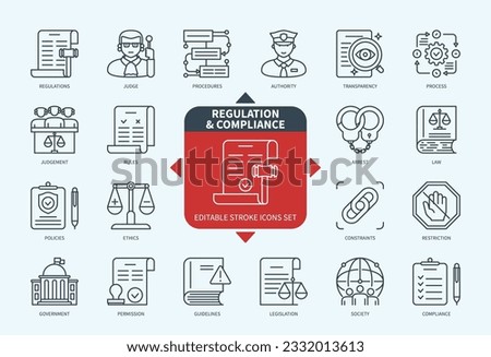 Editable line Regulation and Compliance outline icon set. Authority, Judgement, Government, Rules, Procedures, Restriction, Policy, Control. Editable stroke icons EPS
