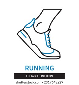 Editable line Running outline icon.Athlete's foot in a running shoe. Editable stroke icon isolated on white background