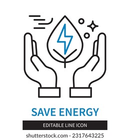 Editable line Save Energy outline icon. Hands holding a leaf of a plant with a sign of lightning. Editable stroke icon isolated on white background