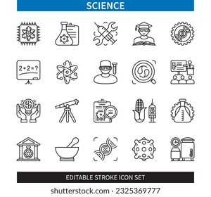 Editable line Science outline icon set. Laboratory, Scientist, Telescope, Mathematics, Biology, Knowledge, Student, Chemistry. Editable stroke icons EPS