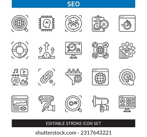 Conjunto de iconos de esquema SEO de línea modificable. Negocios, Trabajo en equipo, Programación, Pago por clic, Optimización, Medios sociales, Palabras clave, Monitoreo, Marketing. EPS de iconos de trazo editable