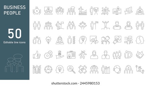 Editable line set of icons on the theme of business people. Vector image on the theme of business, teamwork, leadership, success, partnership, collaboration, career.