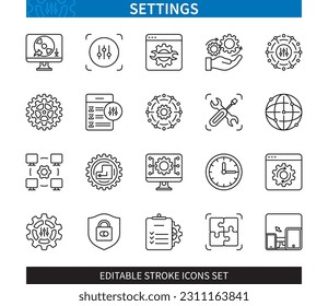 Conjunto de iconos de configuración de línea modificable. Configuración, sistema, instalación, opción, software, restauración, seguridad, modificación, dispositivos. EPS de iconos de trazo editable