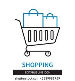 Editable line Shopping outline icon. Two grocery bags in a supermarket trolley. Editable stroke icon isolated on white background