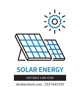 Editable line Solar Energy outline icon. The sun shines on solar panels. Editable stroke icon isolated on white background