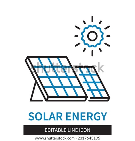 Editable line Solar Energy outline icon. The sun shines on solar panels. Editable stroke icon isolated on white background