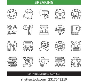 Editable line Speaking outline icon set. Voice, Communication, Language, Speaker, Influencer, Group Chat, Comment, Consultation. Editable stroke icons EPS