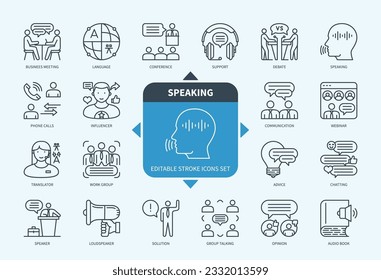 Línea modificable Juego de iconos de esquema de voz. Reunión de negocios, comunicación, idioma, orador, influyente, opinión, locutor, conferencia. EPS de iconos de trazo editable