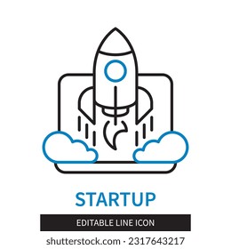 Editable line Startup outline icon. Rocket taking off on the background of a laptop. Editable stroke icon isolated on white background