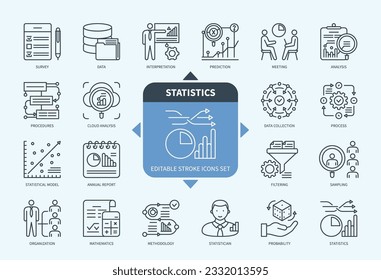 Editable line Statistics outline icon set. Data Collection, Schedule, Prediction, Process, Methodology, Interpretation, Probability, Analysis. Editable stroke icons EPS