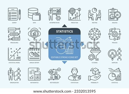 Editable line Statistics outline icon set. Data Collection, Schedule, Prediction, Process, Methodology, Interpretation, Probability, Analysis. Editable stroke icons EPS