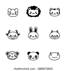 editable line, stroke. face head icon set. Kawaii animal. Cute cartoon character. Funny baby kids print. White background. Isolated. Outline symbol collection.