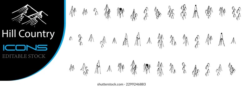 editable line with a stroke. Vector drawing with strokes on a white background of a vector illustration of a hill country design logo On a white background, a group of hill country logo icons 