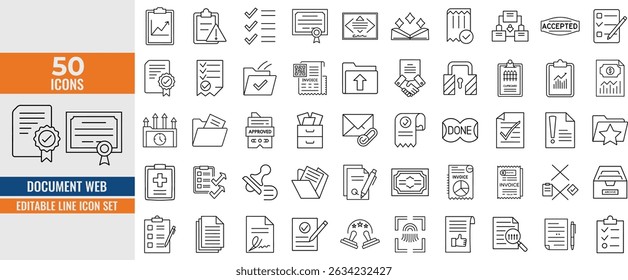 Conjunto de ícones editáveis do documento do estilo da linha - Coleção de ícones lineares da Web incluindo contrato, pasta, certificado, aprovação, área de transferência, fatura, arquivo e mais