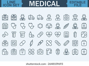 Editable Line Style Medical Icon Set Featuring Healthcare, Hospital, Doctor, Nurse, and Treatment Symbols