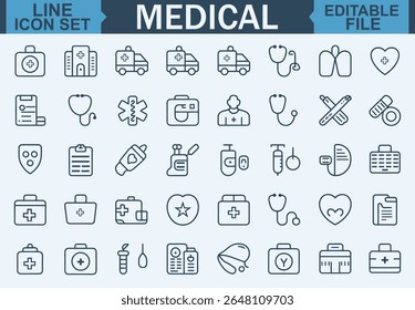 Editable Line Style Medical Icon Set Featuring Healthcare, Hospital, Doctor, Nurse, and Treatment Symbols