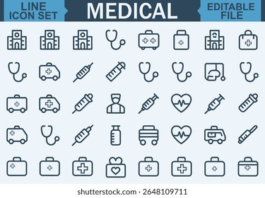 Editable Line Style Medical Icon Set Featuring Healthcare, Hospital, Doctor, Nurse, and Treatment Symbols