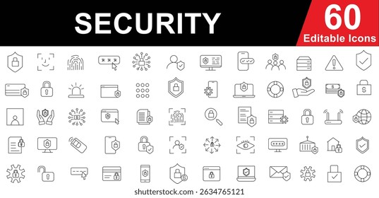 Editable Line Style Security Icons Set. Cyber Protection, Privacy, and Data Safety Symbols for Web, App, and Technology Design Projects. Vector illustration