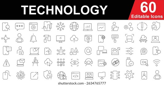 Editable Line Style Technology Icons Set. Digital Innovation, Cloud Computing, and Data Network Symbols for Web, App, and Software Interface Design. Vector illustration