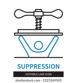Editable line Suppression outline icon. The press puts pressure on a person. Repressive actions of the authorities. Editable stroke icon isolated on white background