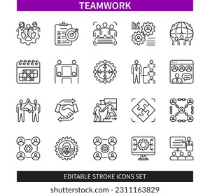 Editable line Teamwork outline icon set. Society, communication, employees, common task, strong network, support, cooperation, leadership. Editable stroke icons EPS