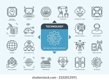 Editable line Technology outline icon set. Innovation, Artificial Intelligence, Data Mining, Robotic, Smart Home, Internet, Blockchain, Drone. Editable stroke icons EPS
