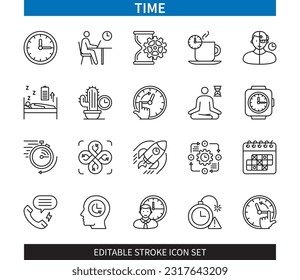 Editable line Time outline icon set. Wait, Schedule, Deadline, Process, Work Hours, Patience, Clock, Time Management. Editable stroke icons EPS