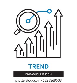 Editable line Trend outline icon. Finding points with a magnifying glass and arrows up. Editable stroke icon isolated on white background