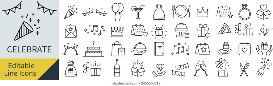 Editable Line Vector Celebration Icon Set (Not Outlined)