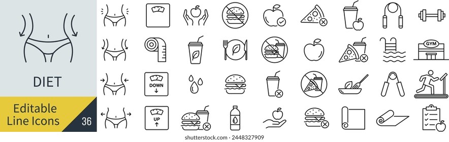 Conjunto de iconos de línea de dieta de Vector de línea editable (no contorneado)