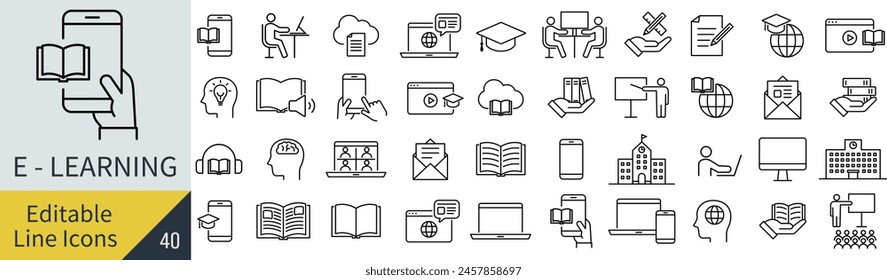 Editable line vector e-learning icon set (not outlined)